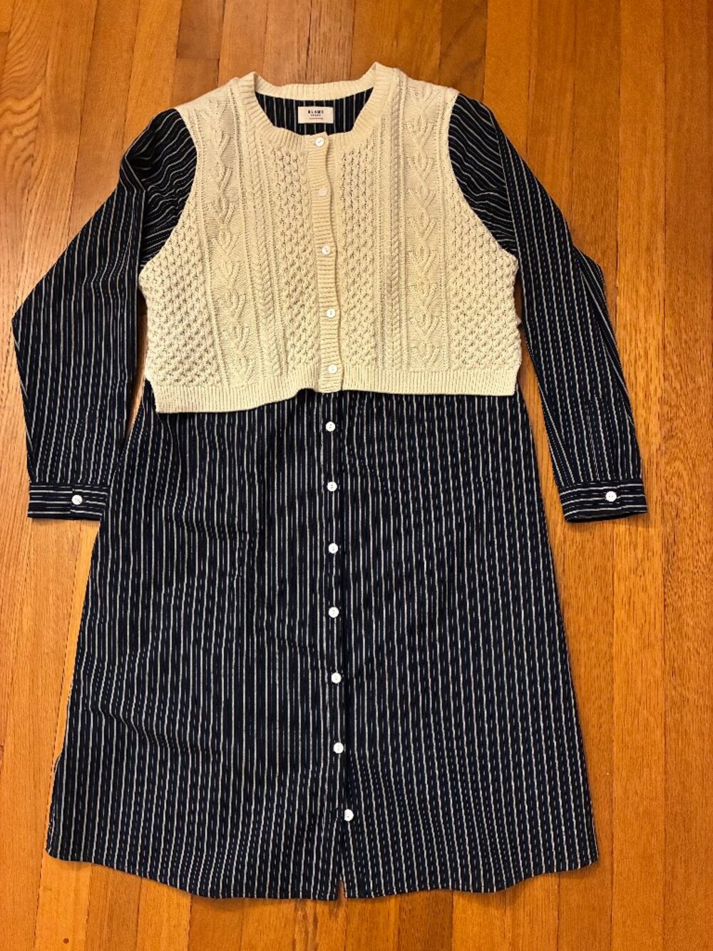 BEAMS HEART (Japan) Striped Shirt Dress with Attached Knit Vest